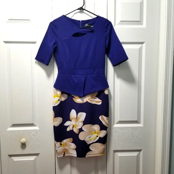Ladies Faux 2 piece Dress, Royal Blue top attached flowered pencil skirt Medium - Picture 1 of 5